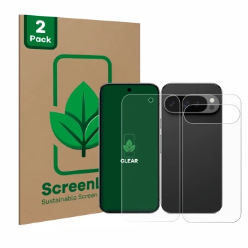 Face avant d’un emballage produit avec le logo de la marque ScreenLeaf. À côté, l’appareil Google Pixel 9 Pro (Avant+Arrière) 
