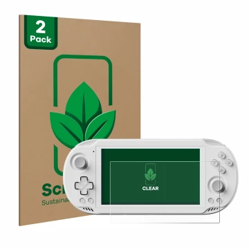 Face avant d’un emballage produit avec le logo de la marque ScreenLeaf. À côté, l’appareil AYN Odin 2 Mini est représenté avec
