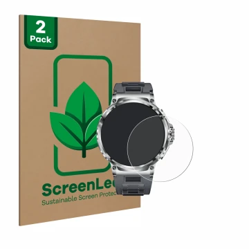 Face avant d’un emballage produit avec le logo de la marque ScreenLeaf. À côté, l’appareil Smartwatch V69 1.85