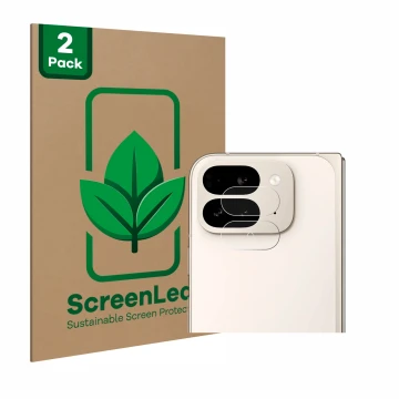 Face avant d’un emballage produit avec le logo de la marque ScreenLeaf. À côté, l’appareil Google Pixel 9 Pro Fold (Caméra UNI