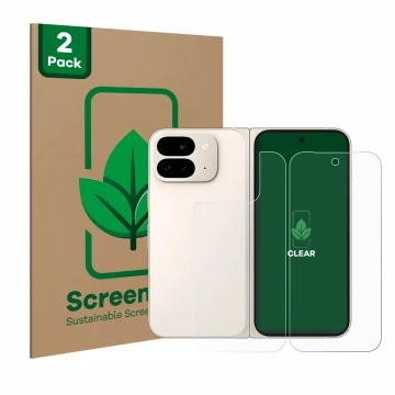 Face avant d’un emballage produit avec le logo de la marque ScreenLeaf. À côté, l’appareil Google Pixel 9 Pro Fold (Avant+Arri