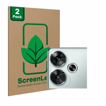 Face avant d’un emballage produit avec le logo de la marque ScreenLeaf. À côté, l’appareil Xiaomi Poco F6 (Caméra UNIQUEMENT) 