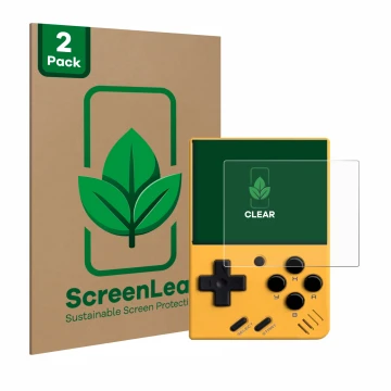Face avant d’un emballage produit avec le logo de la marque ScreenLeaf. À côté, l’appareil Miyoo Mini V4 est représenté avec l