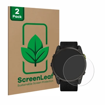 Face avant d’un emballage produit avec le logo de la marque ScreenLeaf. À côté, l’appareil Garmin Enduro 3 est représenté avec