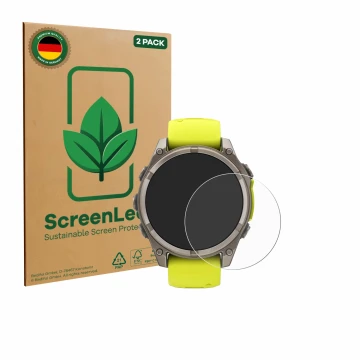 Face avant d’un emballage produit avec le logo de la marque ScreenLeaf. À côté, l’appareil Garmin Fenix 8 Solar (47 mm) est re
