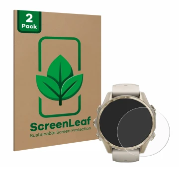 Face avant d’un emballage produit avec le logo de la marque ScreenLeaf. À côté, l’appareil Garmin Fenix 8 (43 mm) est représen