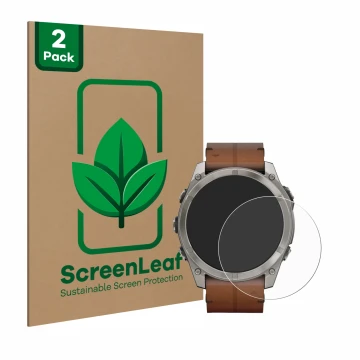Face avant d’un emballage produit avec le logo de la marque ScreenLeaf. À côté, l’appareil Garmin Fenix 8 AMOLED (51 mm) est r