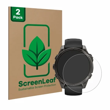 Face avant d’un emballage produit avec le logo de la marque ScreenLeaf. À côté, l’appareil Garmin Fenix 8 AMOLED (47 mm) est r