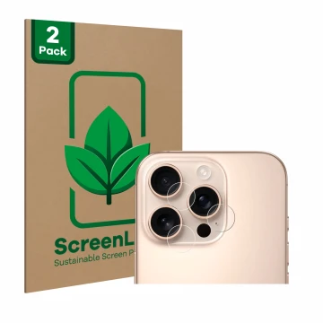 Face avant d’un emballage produit avec le logo de la marque ScreenLeaf. À côté, l’appareil Apple iPhone 16 Pro (Caméra UNIQUEM