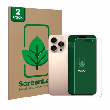 Face avant d’un emballage produit avec le logo de la marque ScreenLeaf. À côté, l’appareil Apple iPhone 16 Pro (Avant+Caméra) 