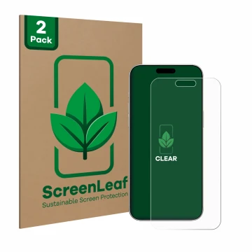 Face avant d’un emballage produit avec le logo de la marque ScreenLeaf. À côté, l’appareil Apple iPhone 16 Plus est représenté
