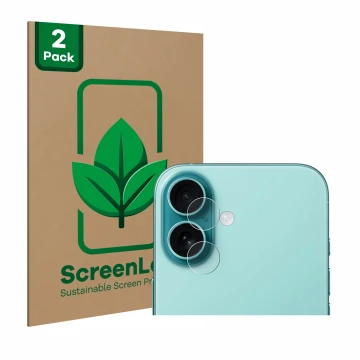 Face avant d’un emballage produit avec le logo de la marque ScreenLeaf. À côté, l’appareil Apple iPhone 16 Plus (Caméra UNIQUE