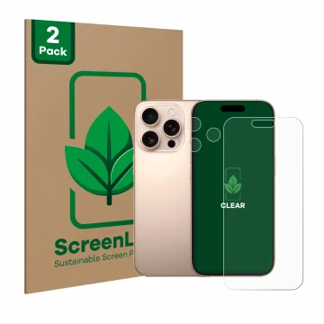 Face avant d’un emballage produit avec le logo de la marque ScreenLeaf. À côté, l’appareil Apple iPhone 16 Pro Max (Avant+Camé