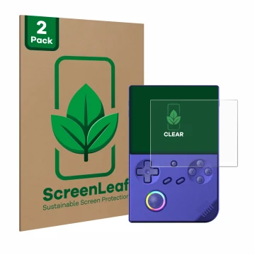 Face avant d’un emballage produit avec le logo de la marque ScreenLeaf. À côté, l’appareil Anbernic RG40XXV est représenté ave