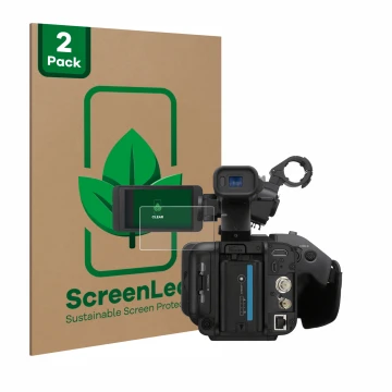 Face avant d’un emballage produit avec le logo de la marque ScreenLeaf. À côté, l’appareil Sony PXW-Z200 est représenté avec l