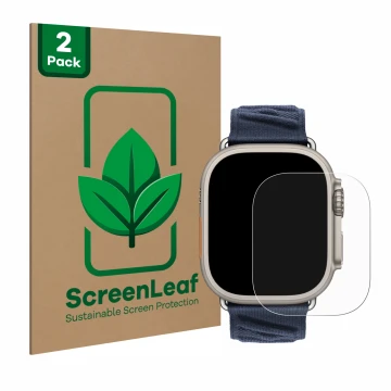 Face avant d’un emballage produit avec le logo de la marque ScreenLeaf. À côté, l’appareil Apple Watch Hermès Ultra 2 est repr
