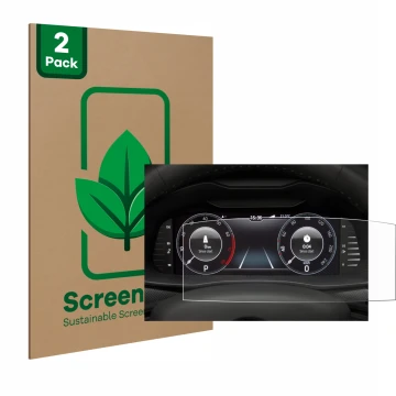 Face avant d’un emballage produit avec le logo de la marque ScreenLeaf. À côté, l’appareil Skoda Virtual Cockpit 10.25