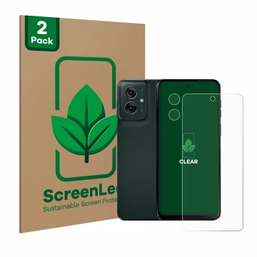Face avant d’un emballage produit avec le logo de la marque ScreenLeaf. À côté, l’appareil Motorola Moto G55 (Avant+Caméra) es