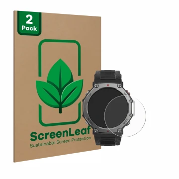 Face avant d’un emballage produit avec le logo de la marque ScreenLeaf. À côté, l’appareil Huami Amazfit T-Rex 3 est représent