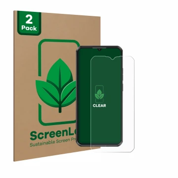 Face avant d’un emballage produit avec le logo de la marque ScreenLeaf. À côté, l’appareil Oukitel WP50 est représenté avec la