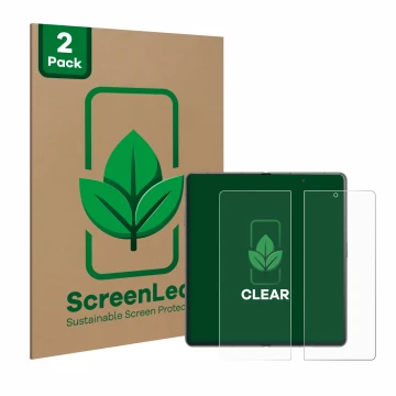Face avant d’un emballage produit avec le logo de la marque ScreenLeaf. À côté, l’appareil Honor Magic V3 (inneres Display) es