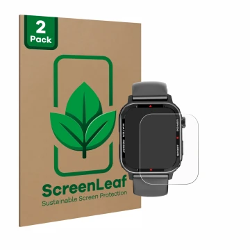 Face avant d’un emballage produit avec le logo de la marque ScreenLeaf. À côté, l’appareil Manike G96 Smartwatch est représent