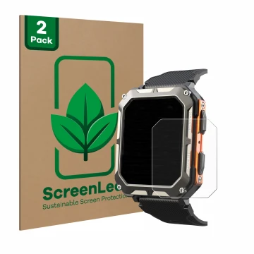 Face avant d’un emballage produit avec le logo de la marque ScreenLeaf. À côté, l’appareil Findtime Smartwatch 1.83