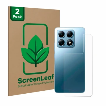 Face avant d’un emballage produit avec le logo de la marque ScreenLeaf. À côté, l’appareil Xiaomi 14T Pro (Arrière) est représ