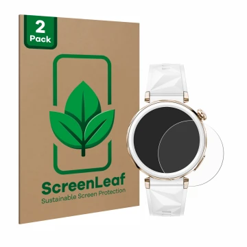Face avant d’un emballage produit avec le logo de la marque ScreenLeaf. À côté, l’appareil Huawei Watch GT 5 Pro (42 mm) est r