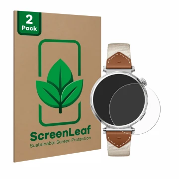 Face avant d’un emballage produit avec le logo de la marque ScreenLeaf. À côté, l’appareil Huawei Watch GT 5 (41 mm) est repré