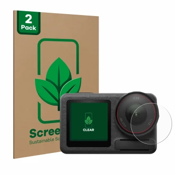 Face avant d’un emballage produit avec le logo de la marque ScreenLeaf. À côté, l’appareil DJI Osmo Action 5 Pro (Lentille) es