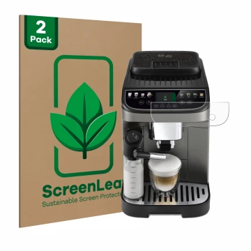 Face avant d’un emballage produit avec le logo de la marque ScreenLeaf. À côté, l’appareil DeLonghi Magnifica Evo Next est rep