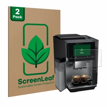 Face avant d’un emballage produit avec le logo de la marque ScreenLeaf. À côté, l’appareil Siemens EQ700 est représenté avec l