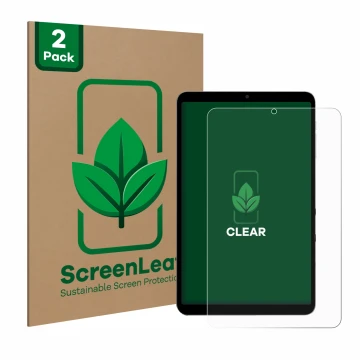 Face avant d’un emballage produit avec le logo de la marque ScreenLeaf. À côté, l’appareil Alldocube iPlay 60 mini Turbo est r