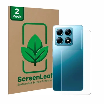 Face avant d’un emballage produit avec le logo de la marque ScreenLeaf. À côté, l’appareil Xiaomi 14T (Arrière) est représenté