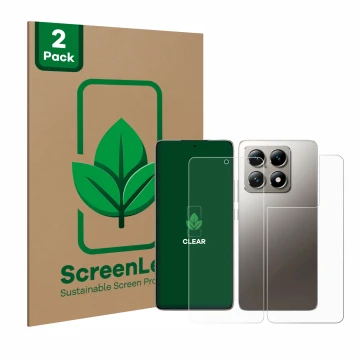 Face avant d’un emballage produit avec le logo de la marque ScreenLeaf. À côté, l’appareil Xiaomi 14T (Avant+Arrière) est repr