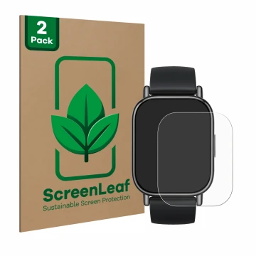 Face avant d’un emballage produit avec le logo de la marque ScreenLeaf. À côté, l’appareil Xiaomi Redmi Watch 5 Lite est repré