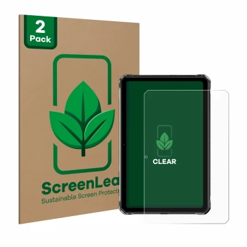 Face avant d’un emballage produit avec le logo de la marque ScreenLeaf. À côté, l’appareil Doogee R10 est représenté avec la p