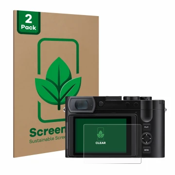 Face avant d’un emballage produit avec le logo de la marque ScreenLeaf. À côté, l’appareil Leica Q3 43 est représenté avec la 