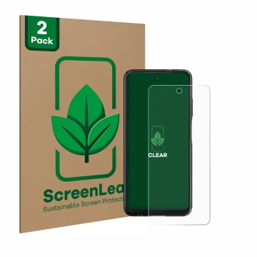 Face avant d’un emballage produit avec le logo de la marque ScreenLeaf. À côté, l’appareil HMD Fusion est représenté avec la p