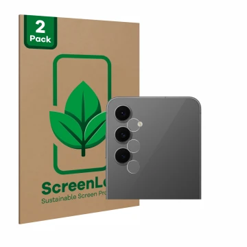 Face avant d’un emballage produit avec le logo de la marque ScreenLeaf. À côté, l’appareil Samsung Galaxy S24 FE (Caméra UNIQU