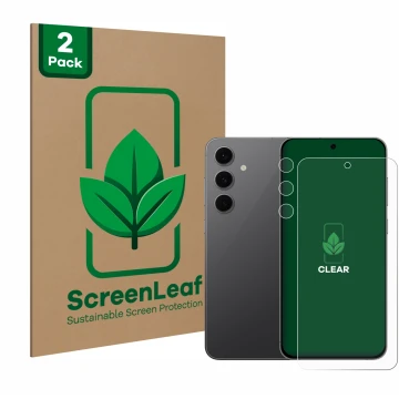 Face avant d’un emballage produit avec le logo de la marque ScreenLeaf. À côté, l’appareil Samsung Galaxy S24 FE (Avant+Caméra