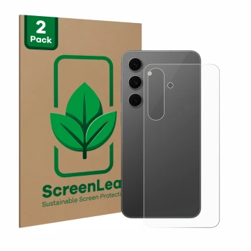 Face avant d’un emballage produit avec le logo de la marque ScreenLeaf. À côté, l’appareil Samsung Galaxy S24 FE (Arrière) est