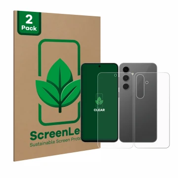 Face avant d’un emballage produit avec le logo de la marque ScreenLeaf. À côté, l’appareil Samsung Galaxy S24 FE (Avant+Arrièr