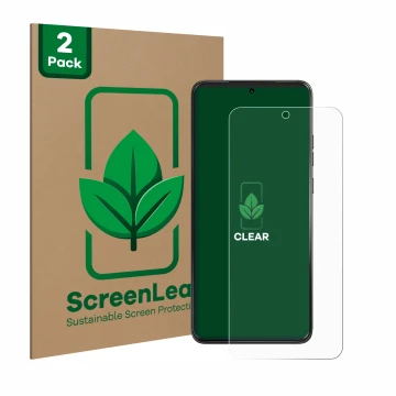 Face avant d’un emballage produit avec le logo de la marque ScreenLeaf. À côté, l’appareil Motorola ThinkPhone 25 est représen