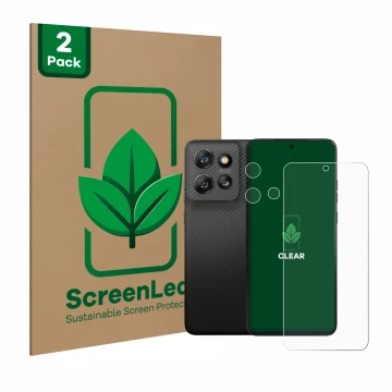 Face avant d’un emballage produit avec le logo de la marque ScreenLeaf. À côté, l’appareil Motorola ThinkPhone 25 (Avant+Camér