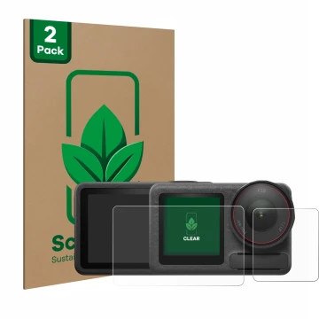 Face avant d’un emballage produit avec le logo de la marque ScreenLeaf. À côté, l’appareil DJI Osmo Action 5 Pro (case-friendl