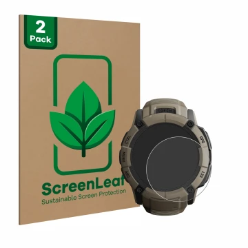Face avant d’un emballage produit avec le logo de la marque ScreenLeaf. À côté, l’appareil Garmin Instinct 2X Solar Tactical E