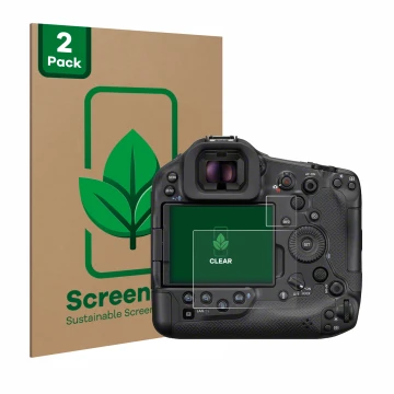 Face avant d’un emballage produit avec le logo de la marque ScreenLeaf. À côté, l’appareil Canon EOS R1 est représenté avec la
