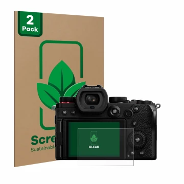 Face avant d’un emballage produit avec le logo de la marque ScreenLeaf. À côté, l’appareil Panasonic Lumix DC-S5D est représen